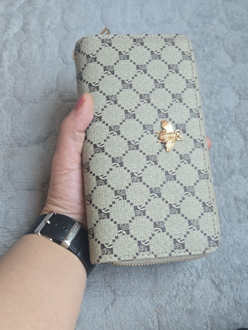 Beige Patterned Zip-Around Wallet with Gold Bee Accent - Picture 4 of 5
